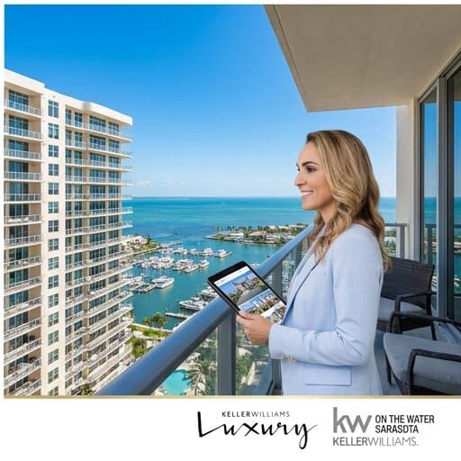 Amanda LeGault holding a tablet on a Gulf Coast balcony overlooking waterfront condos