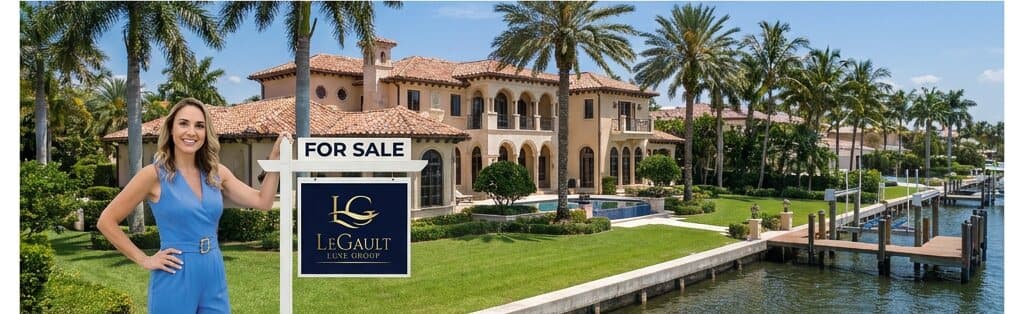 Amanda LeGault beside a Gulf Coast waterfront for sale sign and luxury home